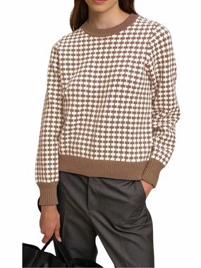 DELUC Cody Geo Check Crewneck Sweater Womens Size XS Brown Cream Old Money Top